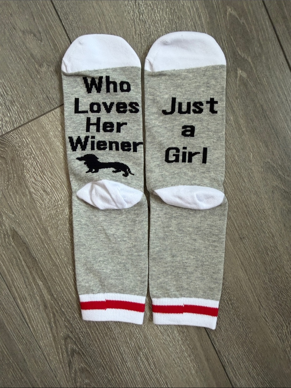 Gray Novelty Knee Socks with Dachshund Graphic - Who Loves Her Wiener